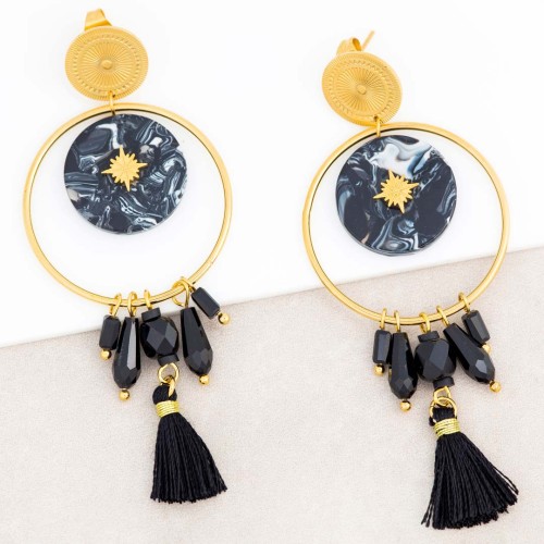 Boucles d'oreilles ASTOL Black Gold Pendantes ajourées pendentif Solaire Doré Noir Acier inoxydable Cristal serti Résine Pompon