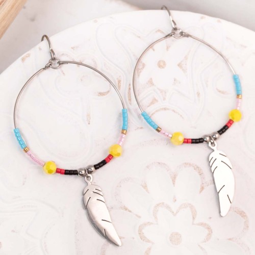 Boucles d'oreilles LIBRA Color Silver pendantes ajouré symbole plume Argent et Multicolore Acier inoxydable Perles