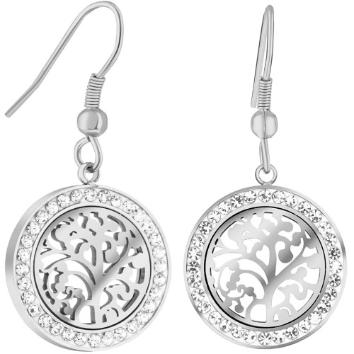 Boucles d'oreilles VIDA White Silver arbre de vie filigrane ajouré Argent et Blanc Acier inoxydable Cristal