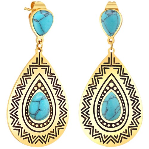 Boucles d'oreilles FRANCESCA Blue Gold pendantes ethnique Doré et Bleu Acier inoxydable doré Pierre Turquoise reconstituée