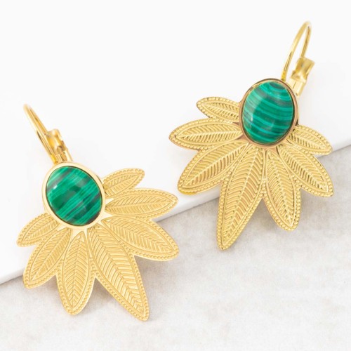 Boucles d'oreilles NATULIS Doré et Vert Acier inoxydable doré à l'or fin Pierre semi-précieuse Malachite verte reconstituée