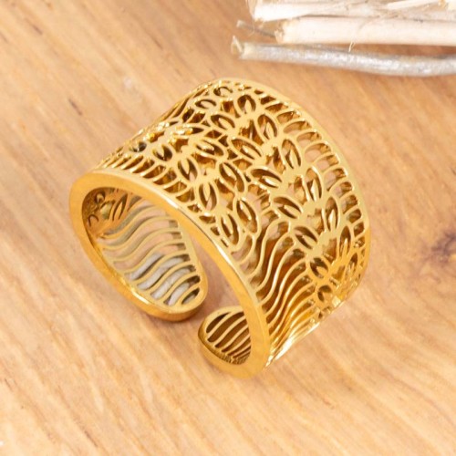 Bague GARDENA Gold Jonc ajouré réglable flexible Feuillage Doré Acier inoxydable doré à l'or fin