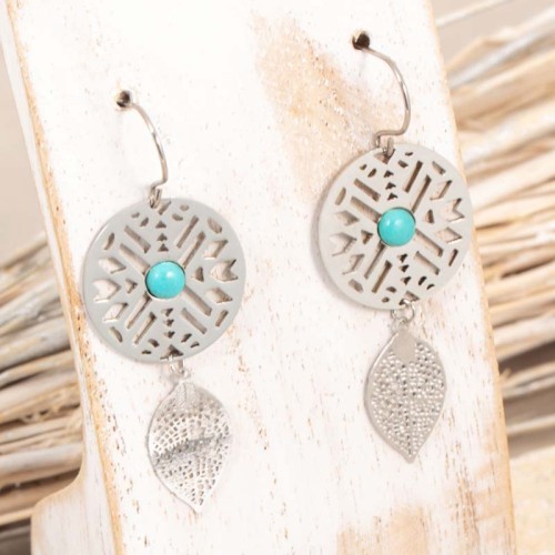 Boucles d'oreilles CODEX Turquoise Silver Pendantes ajourées Ethnique Argenté et Bleu Turquoise reconstituée Acier inoxydable