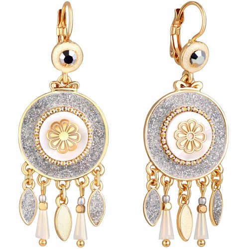 Boucles d'oreilles MELIS Gold & Silver Pendantes à pendentif Floral Doré Argenté Rhodium Cristal et Nacre naturelle