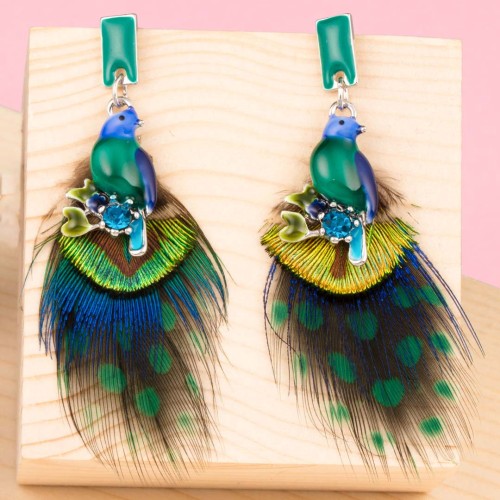 Boucles d'oreilles GORONITO Emerald Green Silver Pendantes courtes Oiseaux Argenté et Vert Rhodium Cristal et Plumes et émaux