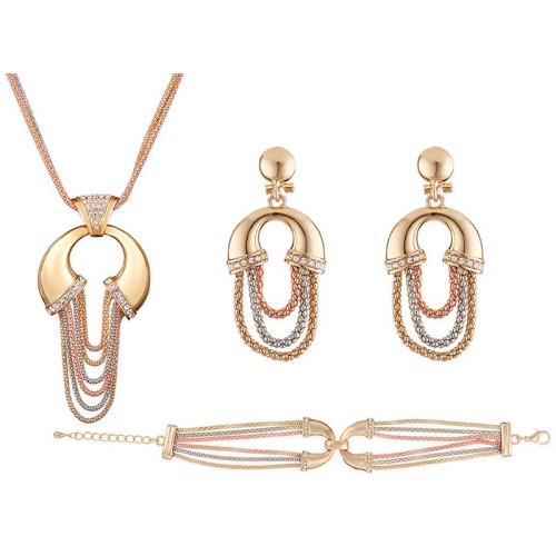 Parure JANELOR All Gold Ras de cou pendentif bracelet boucles d'oreille pendantes Trois ors Argenté Doré Rosé à l'or fin Cristal