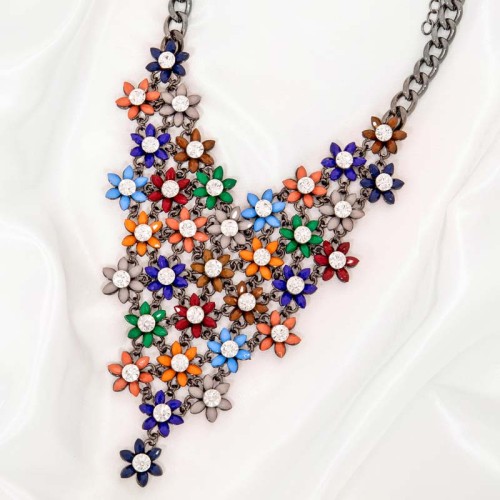 Collier DREAM GARDEN WINTER Color Silver Plastron pavé Floral Argenté et Multicolore Rhodium Cristal