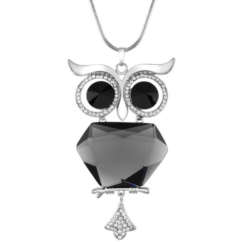 Collier NIGHTBIRD OF CRYSTAL Grey Silver Sautoir pendentif en Y Chouette ou hibou Argenté et Gris Rhodium Cristal