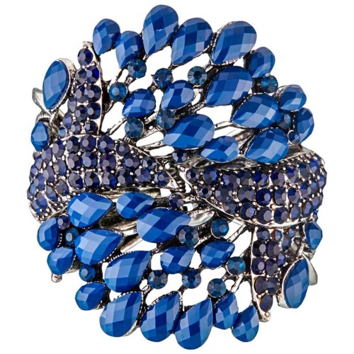 Bracelet WINGSOL Night Blue Silver Manchette rigide ajourée Ailes de paon Argenté et Bleu Nuit Rhodium Cristal et Résines