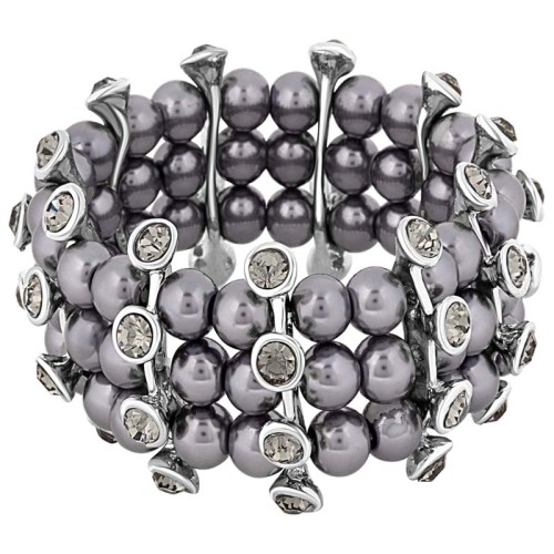 Bracelet WHITNEY Grey Silver Manchette multirangs élastique Rivière de perles intercalées Argenté et Gris Rhodium Cristal