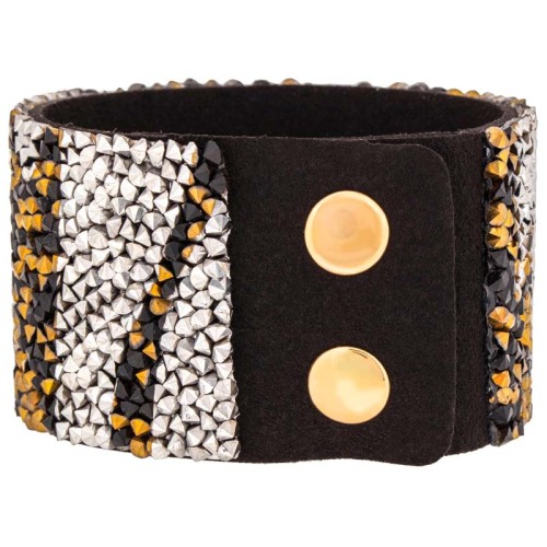 Bracelet TIGER SIBERIA Black Gold Manchette souple pavée Rivière de cristal tigrée Doré et Noir Rhodium et Simili-Cuir