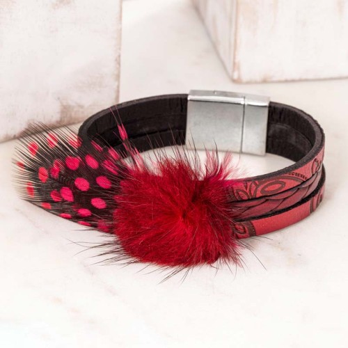 Bracelet FOXY Red Bordeaux Silver Manchette souple Multirangs Hivernal Argenté Bordeaux Simili-Cuir Plumes Fourrure synthétique