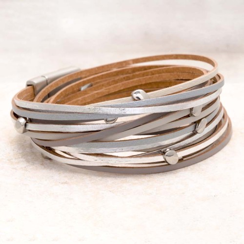 Bracelet LINOS Grey Silver Double tour Multirangs Classique intemporel Argenté et Gris Rhodium et Cuir