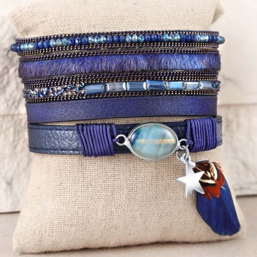 Bracelet LEOPARDO Blue Silver Manchette souple Multirangs Argenté Bleu Rhodium Simili-Cuir Cristal Plumes Fourrure synthétique