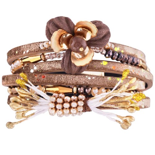 Bracelet COUNTRYSIDE Beige Gold Double tour Multirangs Floral Doré et Beige Rhodium et Simili-Cuir Cristal