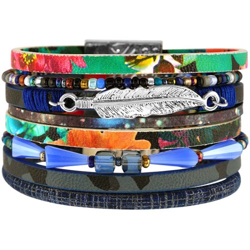 Bracelet APAK JUNGLE Color Silver Manchette souple Multirangs Feuillage Argenté et Multicolore Rhodium et Simili-Cuir Cristal