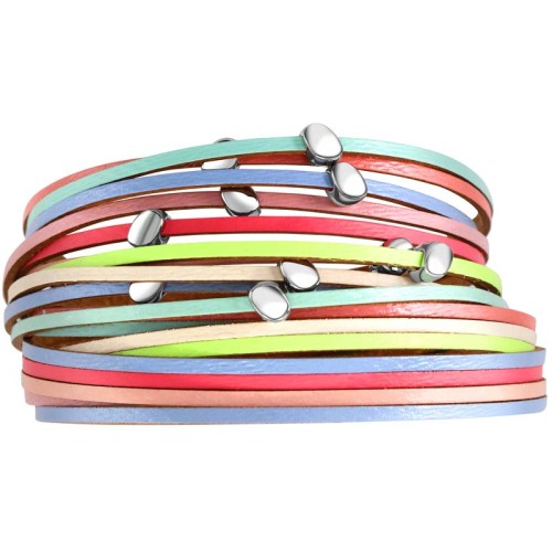 Bracelet LINOS Color Silver Double tour Multirangs Classique intemporel Argenté et Multicolore Rhodium et Cuir