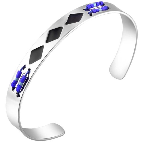 Bracelet IMALA Blue Silver Jonc réglable flexible rigide Ethnique Argenté et Bleu Rhodium Perles