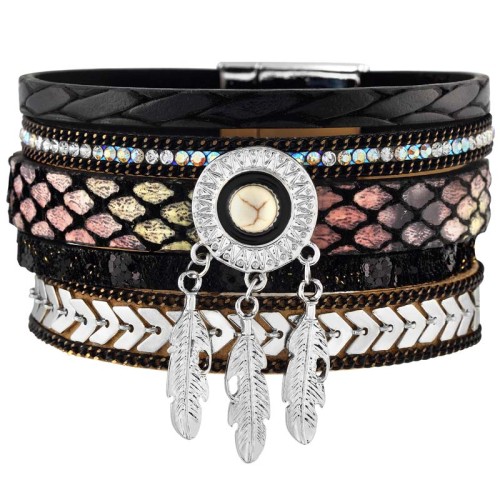 Bracelet TUCSON Black silver Manchette souple Multirangs Attrape-rêve Argenté et Noir Rhodium et Simili-Cuir Cristal