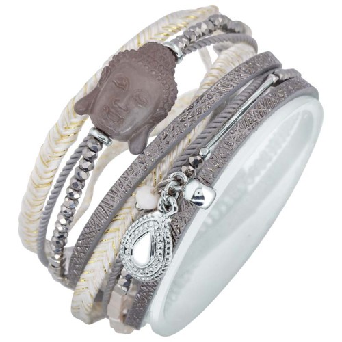 Bracelet BOUDDHA Grey Silver Double tour Multirangs Bouddha Argenté et Gris Rhodium et Simili-Cuir Cristal et Résine