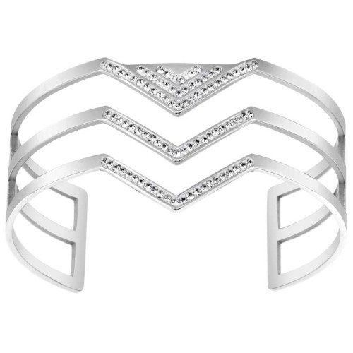 Bracelet JANGOR White Silver Manchette réglable flexible rigide ajourée Ethnique Argenté et Blanc Acier inoxydable Cristal