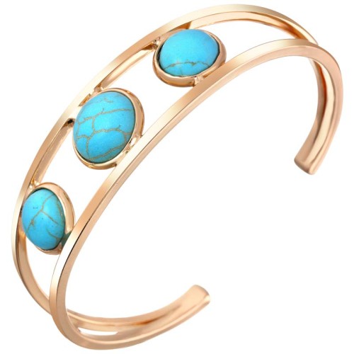 Bracelet ANGKOR Turquoise Gold Manchette réglable flexible rigide ajourée Triptyque Doré Turquoise reconstituée Doré à l'or fin