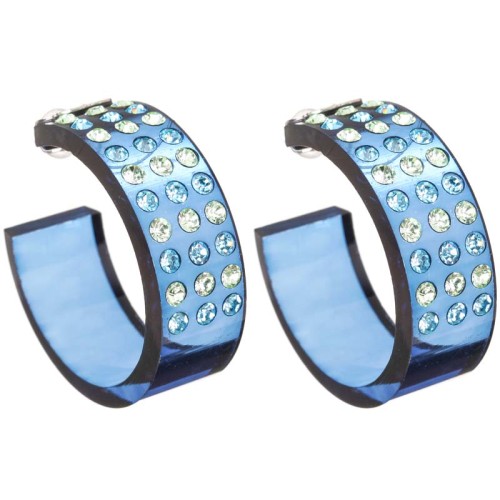 Boucles d'oreilles ICE Blue Silver Créoles pavées Rivière de cristal Argenté et Bleu Rhodium et PVC Cristal