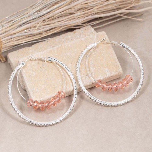 Boucles d'oreilles LORANE Peach Nude Silver Créoles multirangs pavées Rivière de cristal Argenté et Pêche Laiton Cristaux sertis