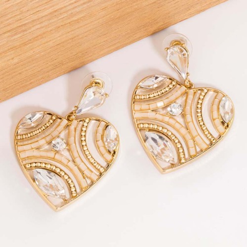 Boucles d'oreilles LOVA REVE Beige Gold Pendantes mi-longues Cœur Doré et Beige Rhodium Cristal