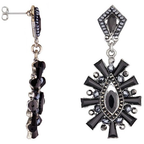 Boucles d'oreilles VERONICA Black Silver Pendantes pavées Baroque Argenté et Noir Rhodium Cristal