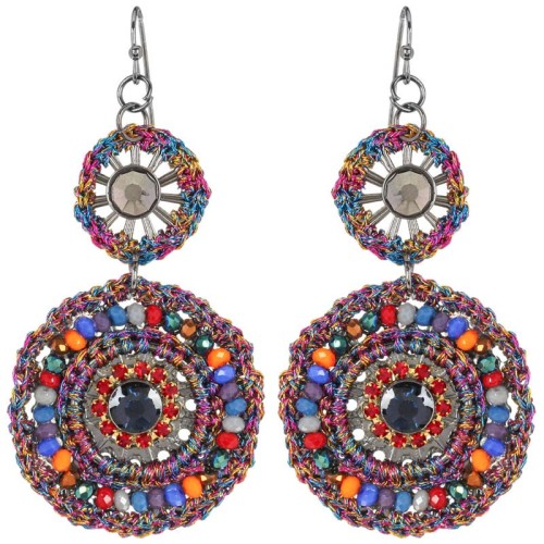 Boucles d'oreilles PASSOA Color Silver Pendantes pavées ajourées Tissage Argenté et Multicolore Rhodium Cristal et Perles