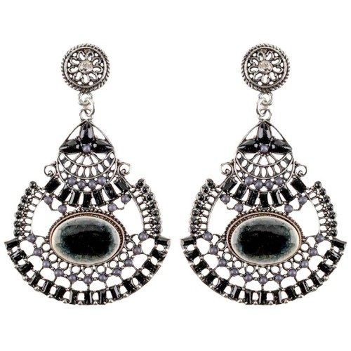 Boucles d'oreilles GUAPENDAL Black Silver Pendantes ajourées Baroque romantique Argenté et Noir Rhodium Cristal Résines Perles