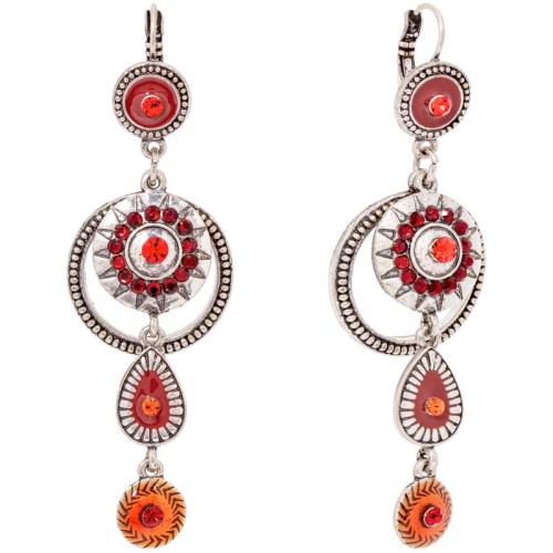 Boucles d'oreilles SOLARA Red Silver Pendantes pavées ajourées Soleil Argenté et Rouge Laiton argenté Cristal et émaux