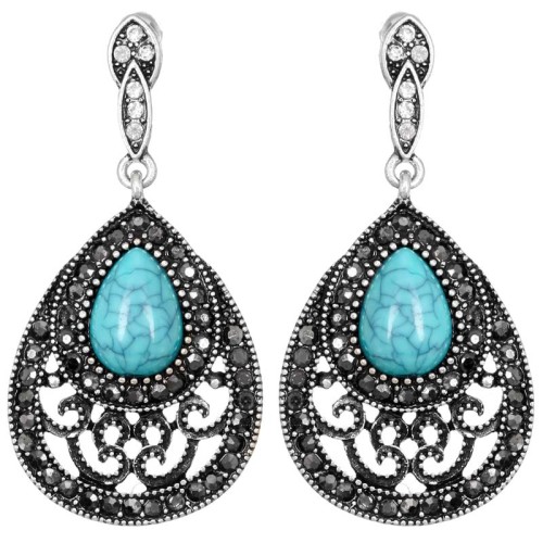 Boucles d'oreilles CERRO Turquoise Silver Pendantes courtes Antique Argenté et Turquoise reconstituée Rhodium Cristal