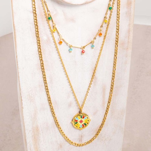 Collier ELIOSA Color Gold Ras de cou Multirangs à pendentif Rosace Doré et Multicolore Acier inoxydable doré à l'or fin émaux