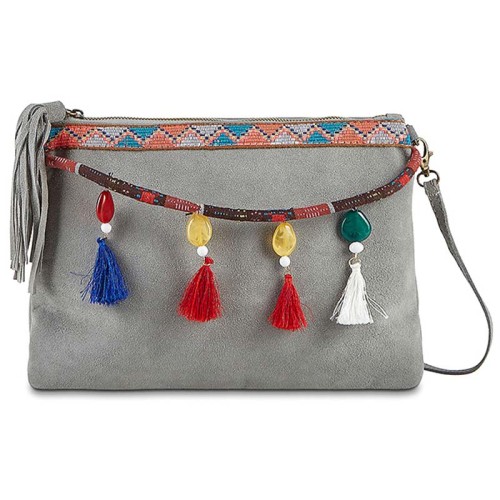 Maroquinerie LALITA Color Grey Sac bandoulière Ethnique Multicolore et Gris Cuir Décorations bijoux