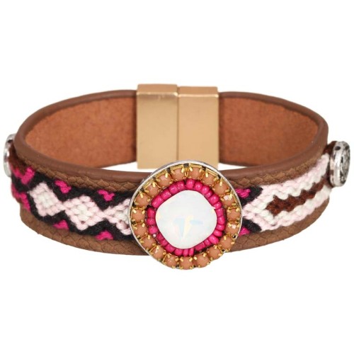 Bracelet BOLIVAR Pink Gold Manchette souple Ethnique Doré et Rose Laiton doré à l'or finCuir Cristal Tissage brésilien perles