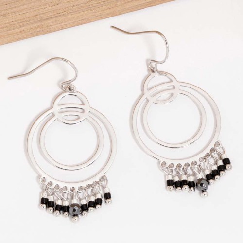 Boucles d'oreilles LORALIE Black Silver Pendantes ajourées à pendentif Contemporain Argenté et Noir Rhodium Cristal