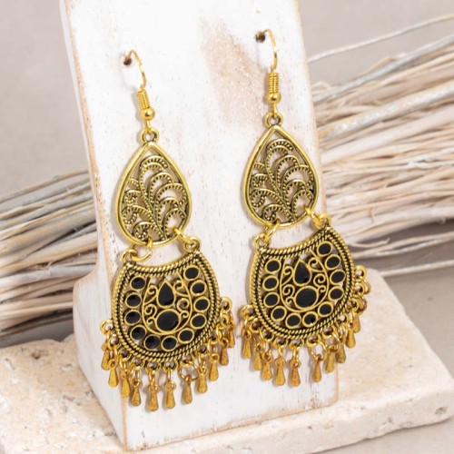 Boucles d'oreilles CASAL Black Gold Pendantes à pendentif Tzigane Doré et Noir Laiton doré à l'or fin émaux