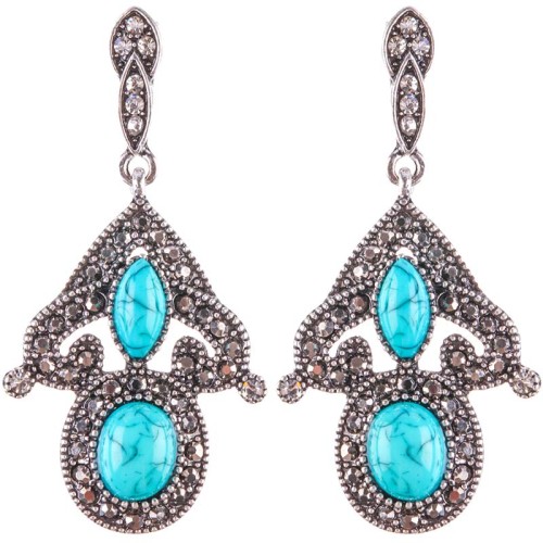 Boucles d'oreilles ARCANTAS Turquoise Silver Pendantes courtes Antique Argenté Rhodium Cristal et Turquoise reconstituée