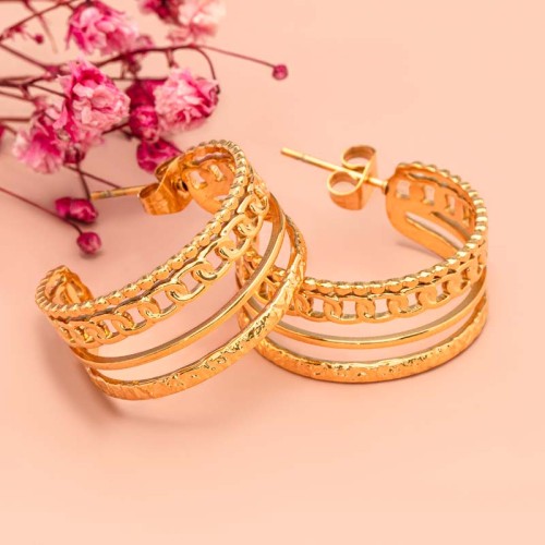 Boucles d'oreilles GORMETAS Gold Créoles ajourées Accumulation de mailles gourmettes Doré Acier inoxydable doré à l'or fin