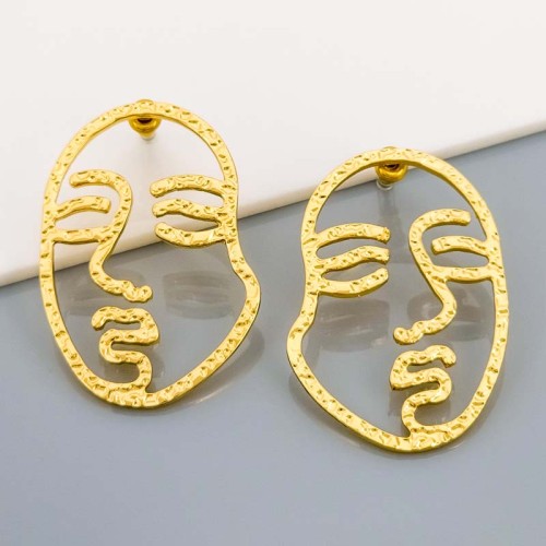 Boucles d'oreilles ONE LINE Gold Pendantes ajourées Ligne du Visage métal martelé Doré Acier inoxydable doré à l'or fin