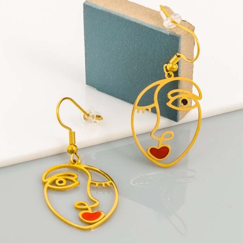 Boucles d'oreilles PARISIAN Red Gold Pendantes ajourées Visage maquillé Doré et Rouge Acier inoxydable doré à l'or fin émaux