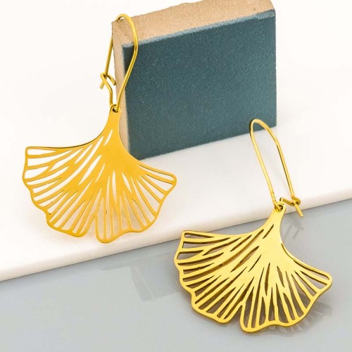 Boucles d'oreilles LEAF WALL Gold Pendantes courtes Feuille filigrane Doré Acier inoxydable doré à l'or fin