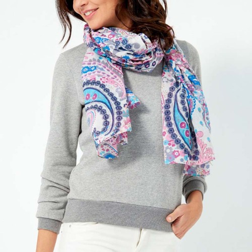 Foulard GOA White Pink & Blue étole imprimée cachemire Blanc et Rose Bleu 100% Coton Décorations broderies et cristal