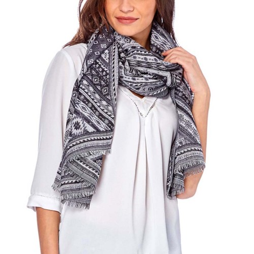 Foulard KILIJO White Grey étole brodée à motif Ethnique Blanc et Gris Viscose Maille tricot