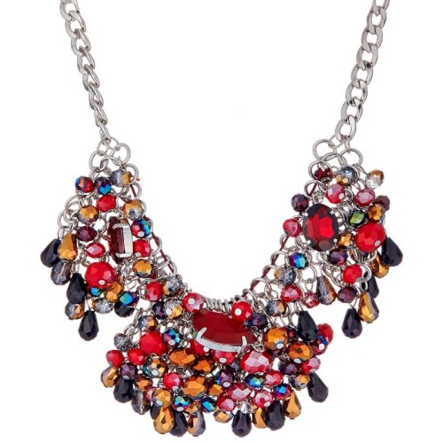 Collier FOENIX Black Red & Silver Plastron tryptique à pendentifs Classique chic Argenté et Noir Rouge Rhodium Cristal