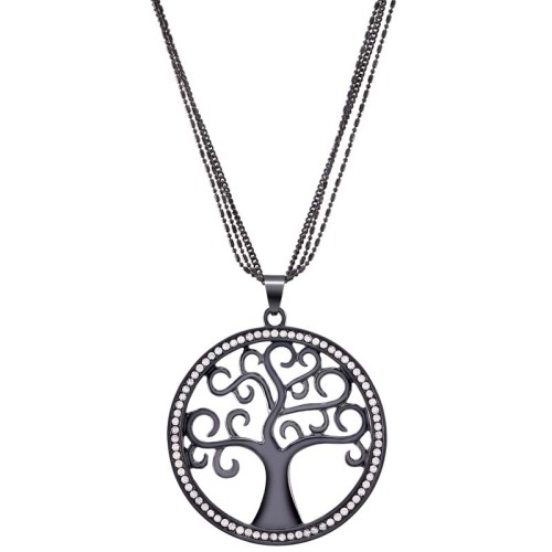 Collier EVANUO Black & White Sautoir pendentif en Y Arbre de vie filigrane Noir et Blanc Rhodium Cristal