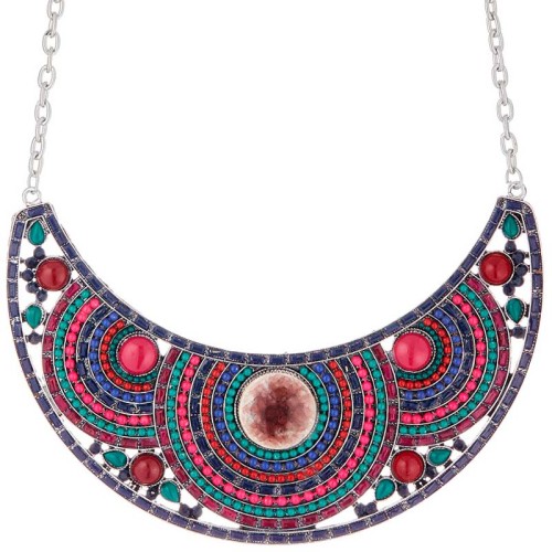 Collier ASSAMAO Color Silver Plaston pavé Mosaïque Argenté et Multicolore Rhodium Cristal et Résines et Pates de verre