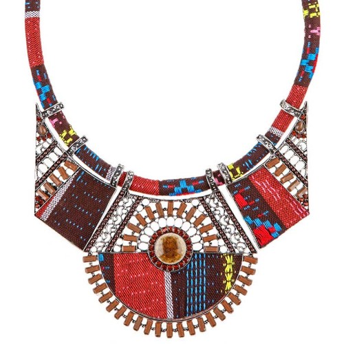 Collier GABRIELLA Brown Silver Plastron pavé ajouré Ethnique amérindien Argenté et Marron Laiton argenté Cristal et Tissage